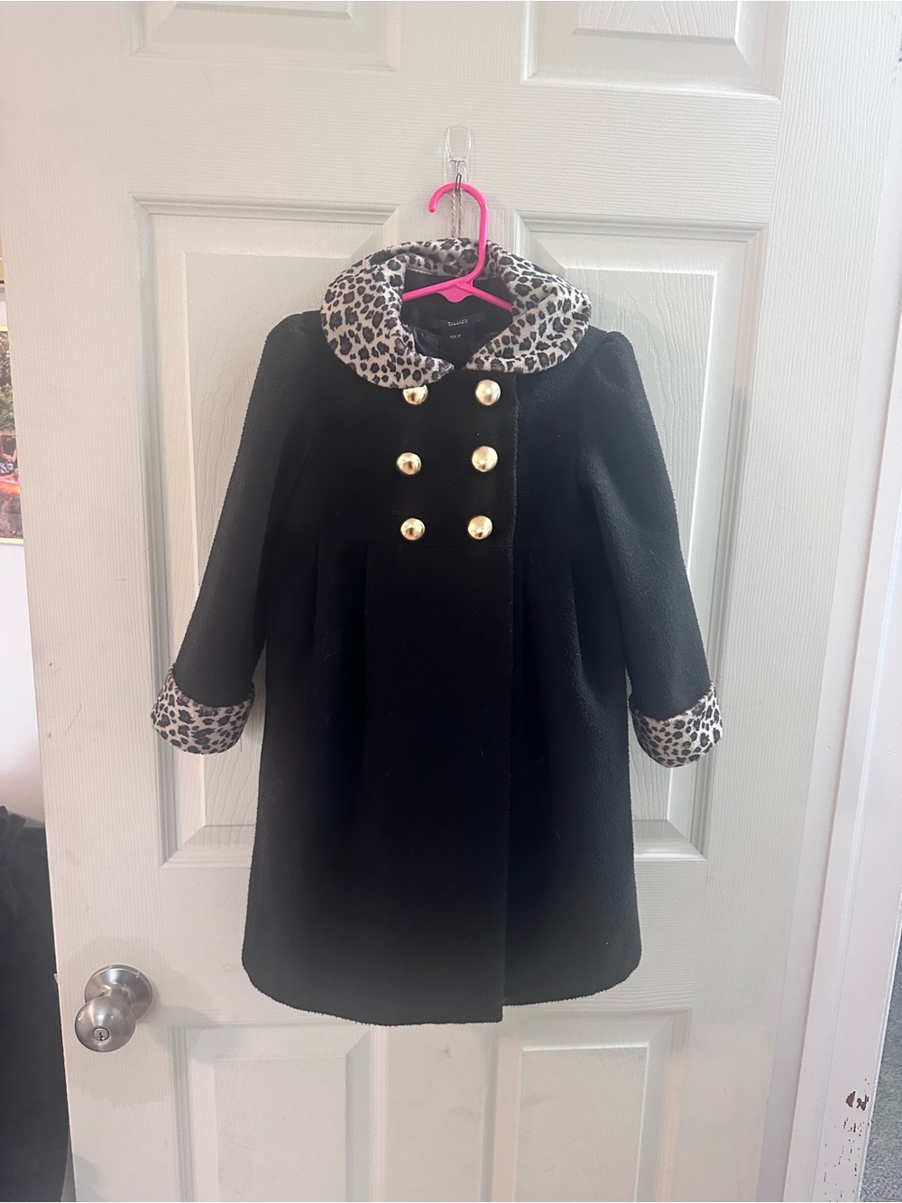 Girls' Black Double-Breasted Wool-Blend Coat & Matching Dress with Leopard Trim
